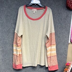 Sugar Fox linnen blend long sleeve textured stripes an flowers shirt 2X